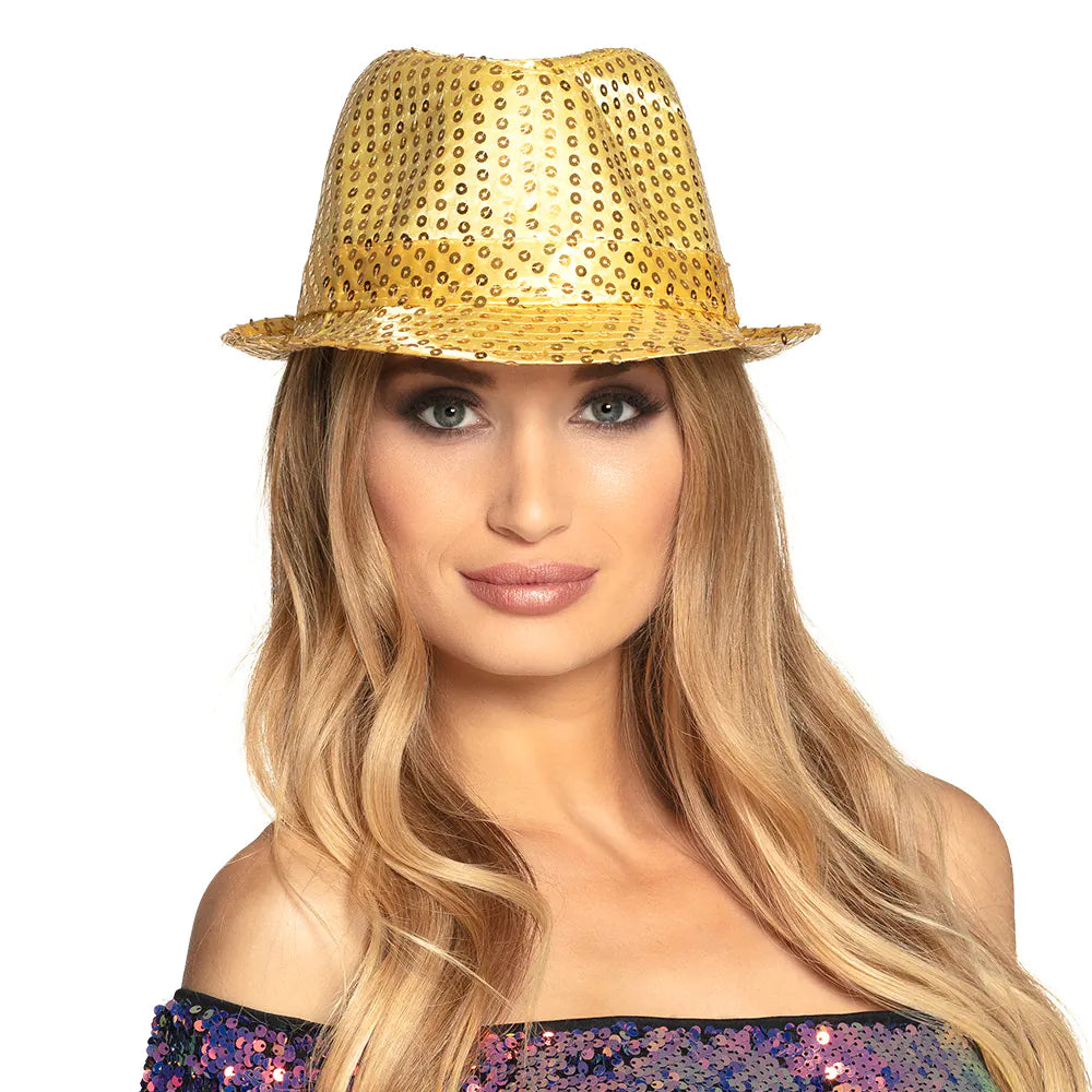 Gouden Trilby Hoed met Glitters