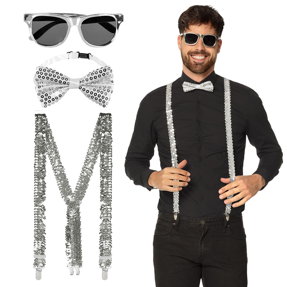 Zilveren Accessoireset 3-delig – Bril, Bretels & Vlinderstrik – Verkleedset Zilver