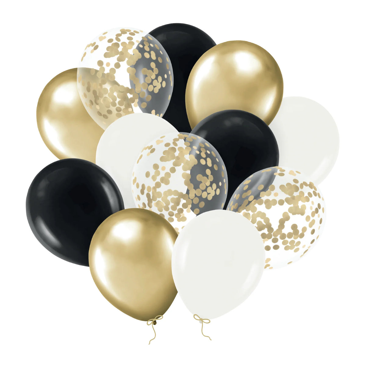 Ballonnen Set Zwart Wit Goud met Confetti 12 Stuks