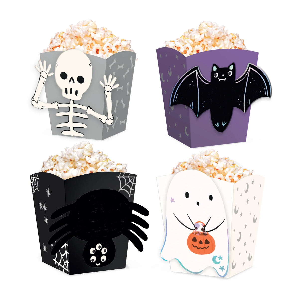 Halloween Popcorn Bakjes 4 Stuks – Spooky Friends DIY Snackbakjes – Halloween Traktatie Kinderfeestje