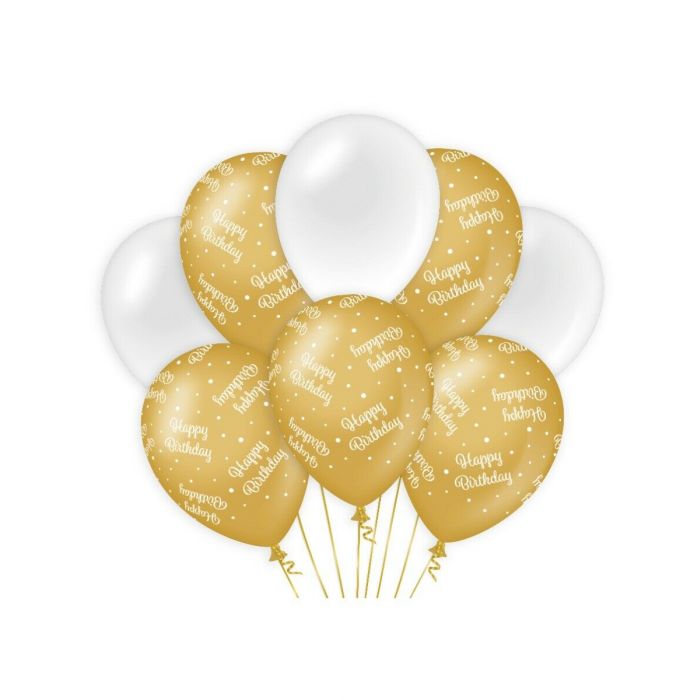 Ballonnen Happy Birthday Goud/Wit 30cm 8st