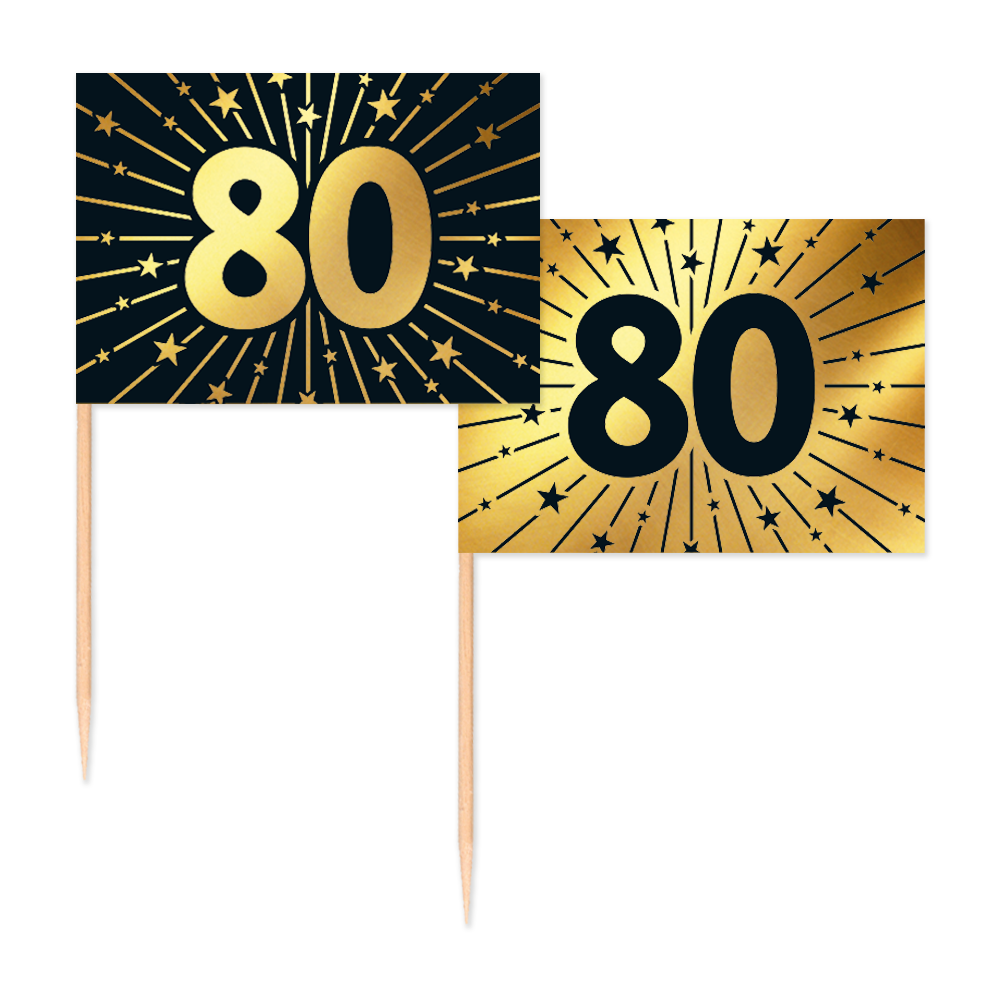 80 Jaar Cocktailprikkers Zwart Goud 50st