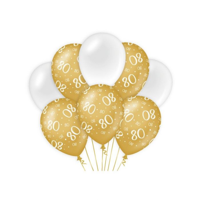 Ballonnen 80 jaar Goud/Wit 30cm 8st