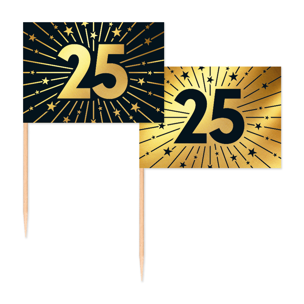 25 Jaar Cocktailprikkers Zwart Goud 50st