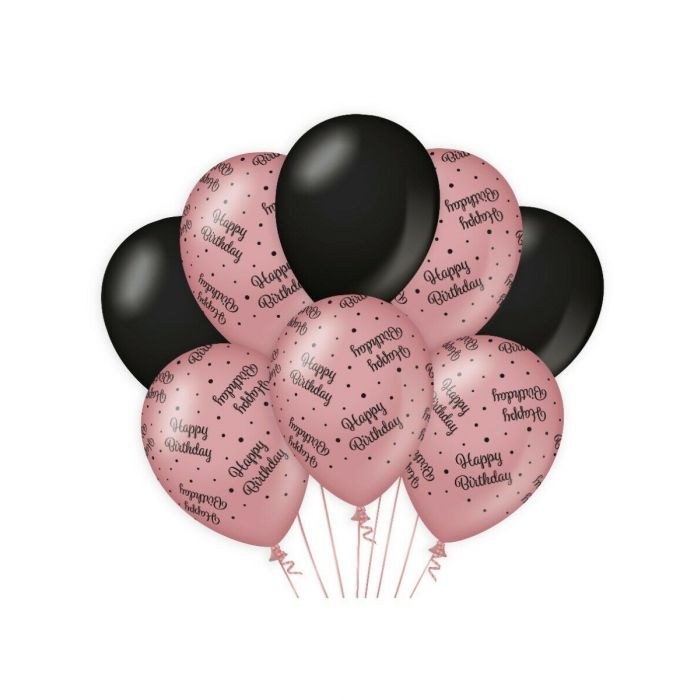 Ballonnen Happy Birthday Rose/Zwart 30cm 8st