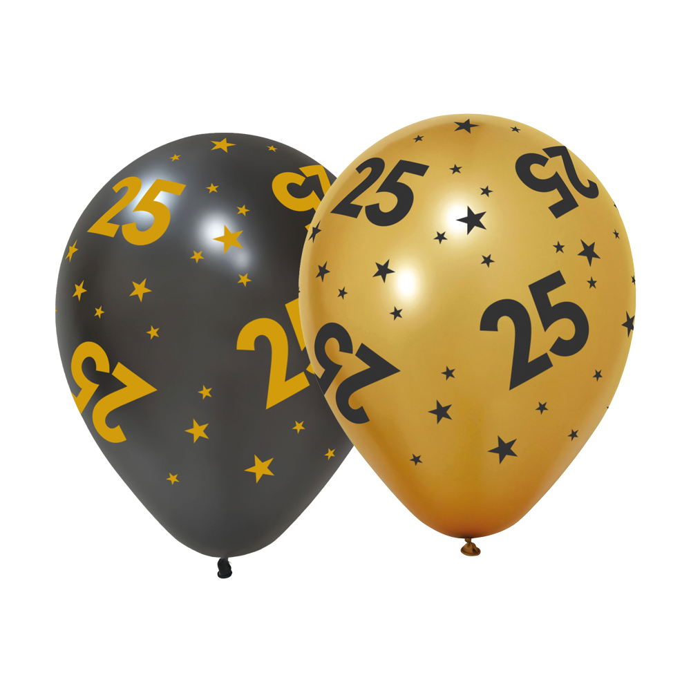 25 Jaar Zwart Goud Ballonnen 6st