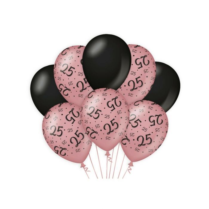 Ballonnen 25 jaar Rose/Zwart 30cm 8st