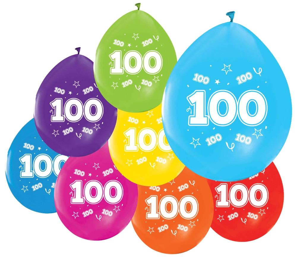 Gekleurde Ballonnen 100 Jaar 30cm 8st