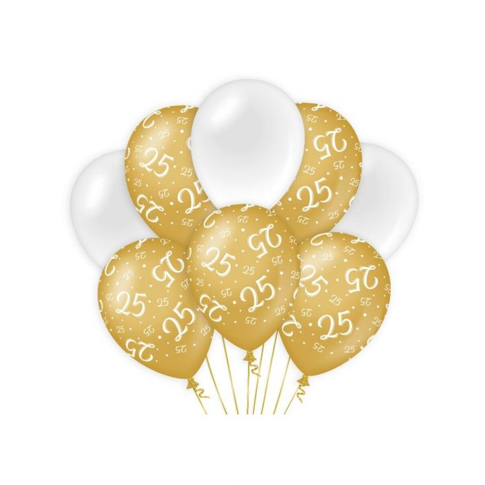 Ballonnen 25 jaar Goud/Wit 30cm 8st