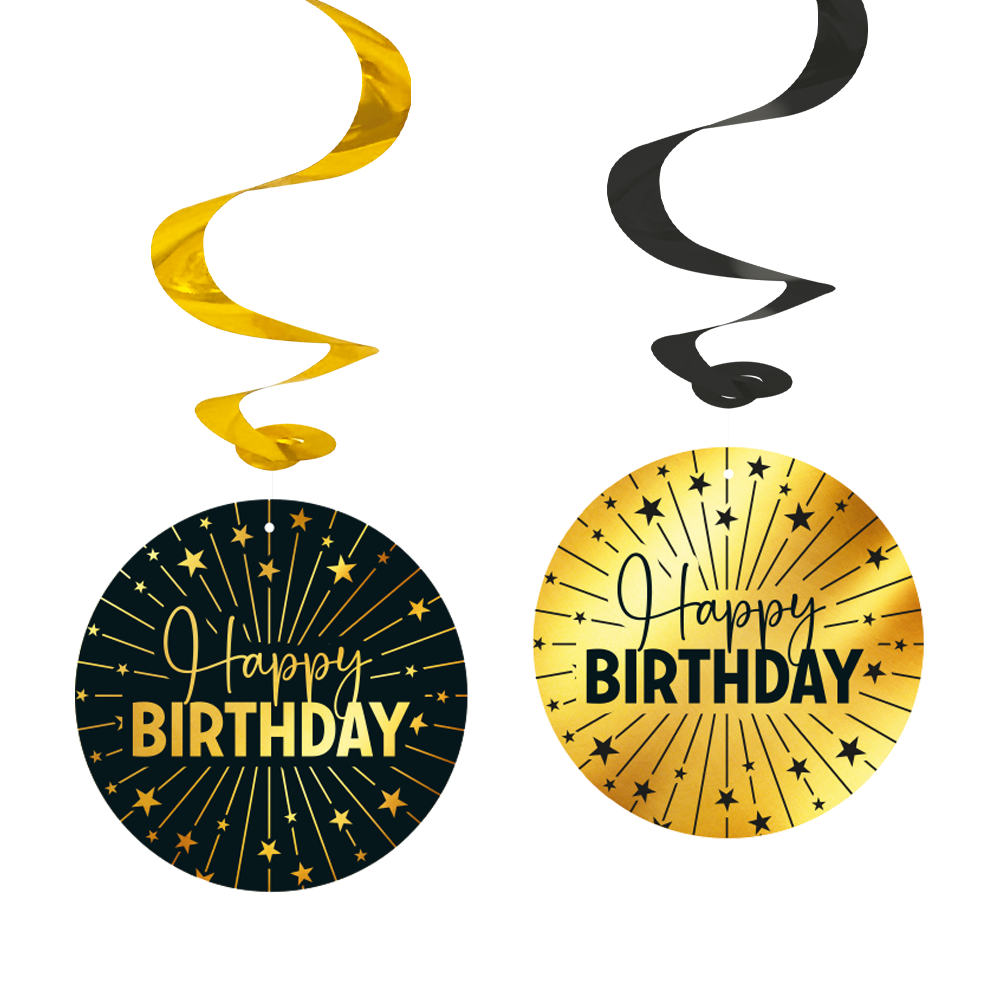 Happy Birthday Zwart Goud Swirls 4st