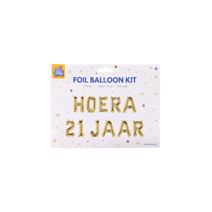 Hoera 21 jaar folieballonnen set goud 41cm