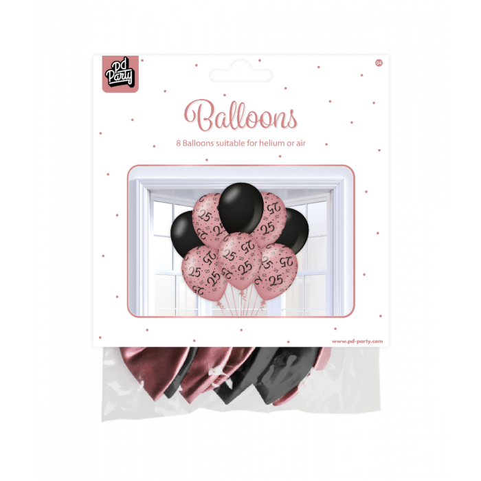 Ballonnen 25 jaar Rose/Zwart 30cm 8st
