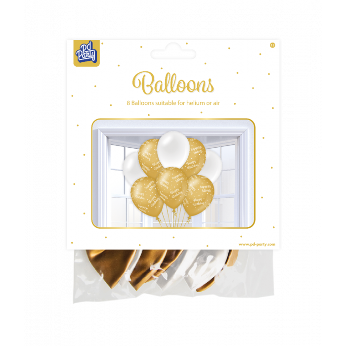 Ballonnen Happy Birthday Goud/Wit 30cm 8st