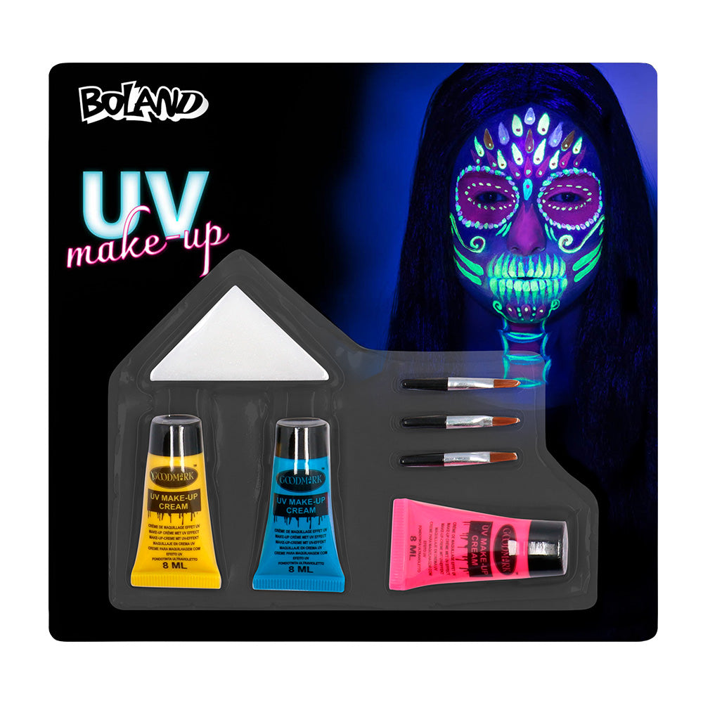 UV Schminkset Bright Skull Geel Blauw Roze – Neon Halloween Schmink – Doodshoofd & Day of the Dead Make-up