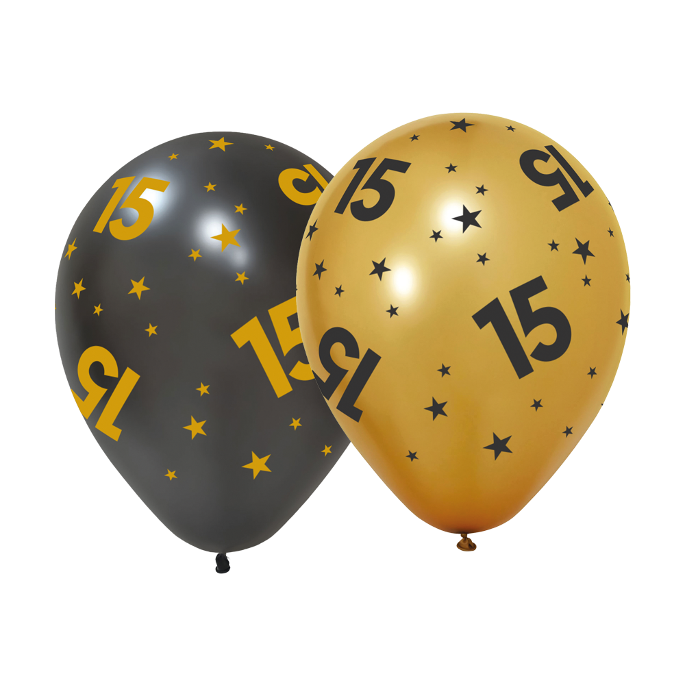 15 Jaar Ballonnen Zwart Goud 30cm 6st