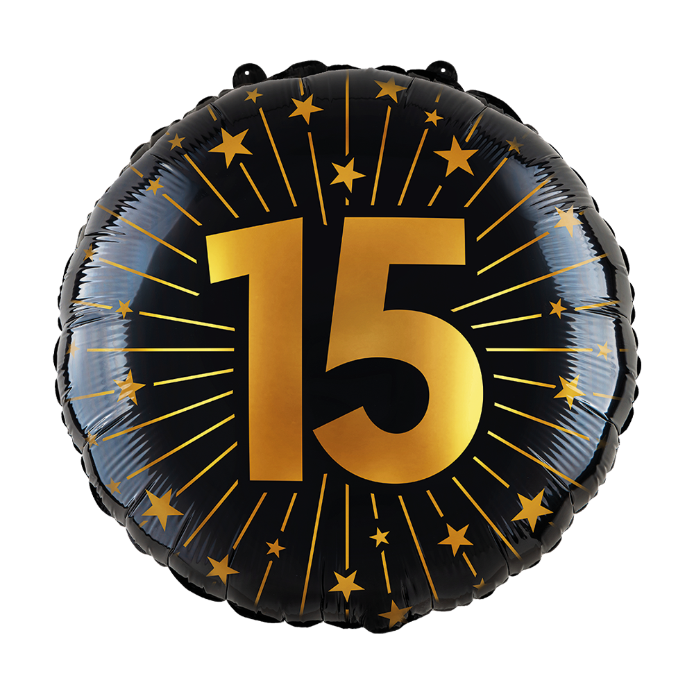 Folieballon 15 Jaar Zwart Goud 45cm