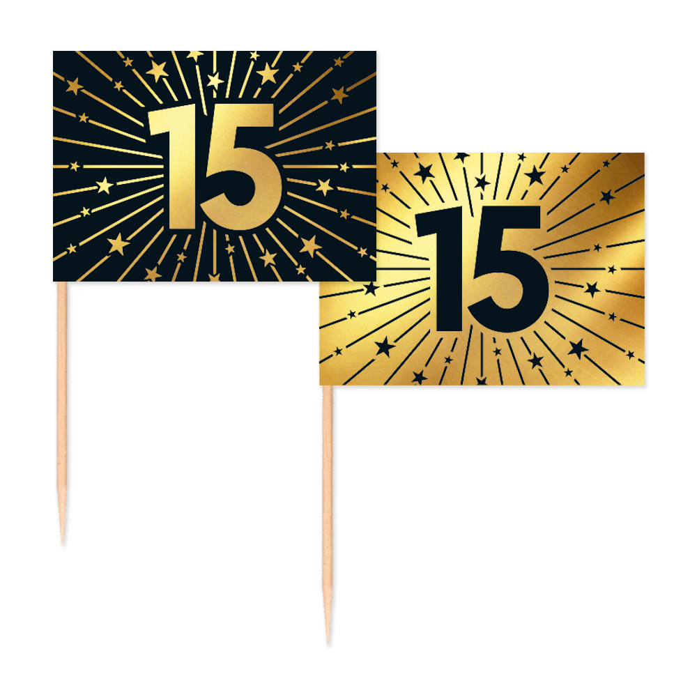 Cocktailprikkers 15 Jaar Zwart Goud 50st