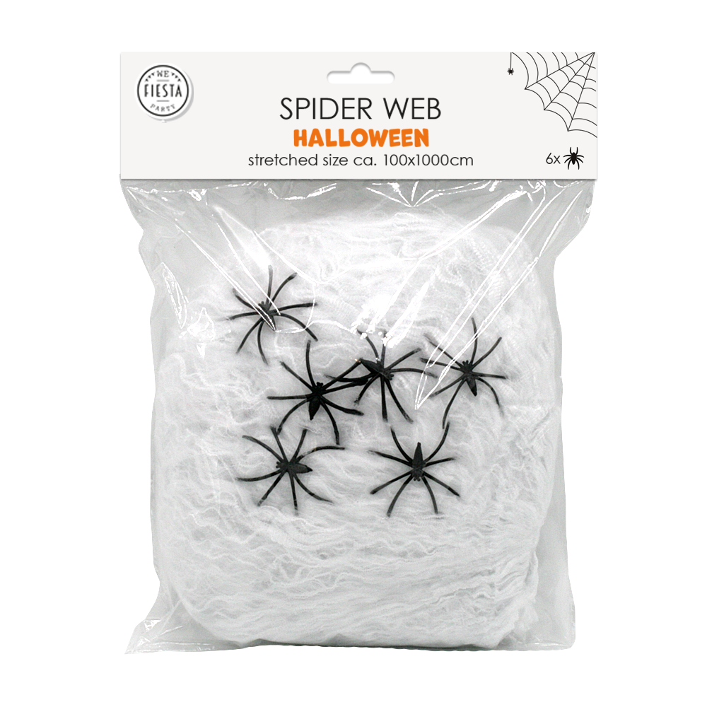 Halloween Spinnenweb Wit 80 g met 6 Spinnen – Halloween Decoratie
