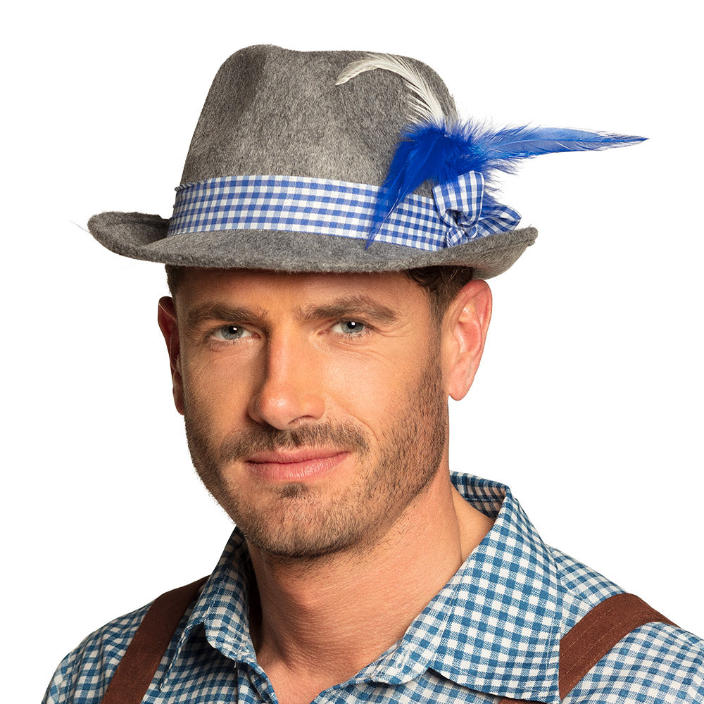 Oktoberfest Tiroler Hoed Grijs Blauw – Beierse Hoed Volwassenen – Oktoberfest Accessoire