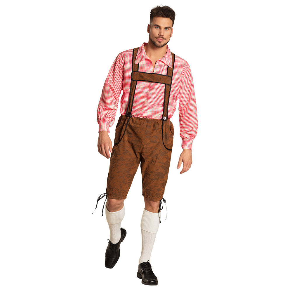 Oktoberfest Kostuum 2delig Heren Werner Maat L & XL – Lederhose met Bretels & Geruit Shirt – Beierse Outfit