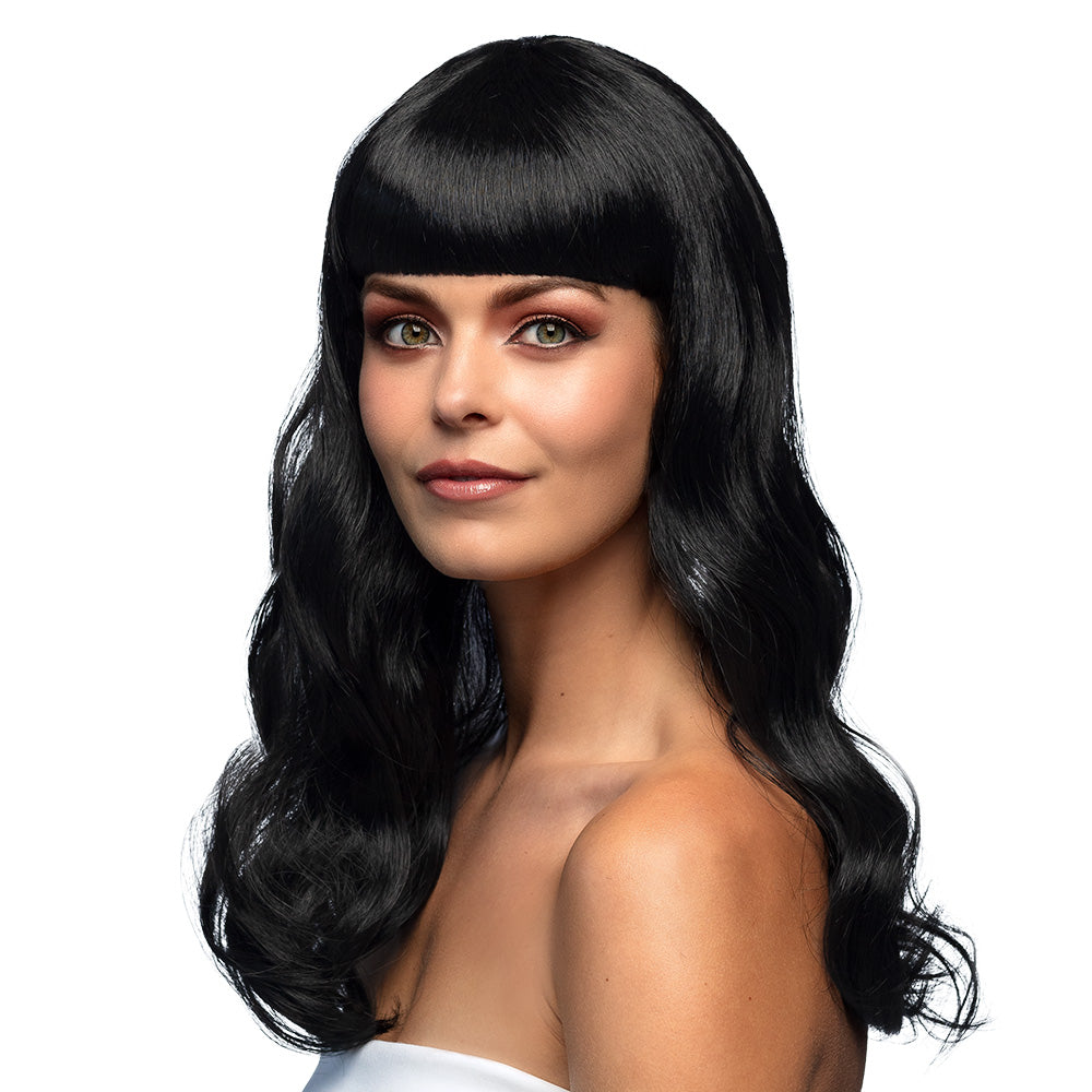 Zwarte Pruik Lang Haar met Pony
