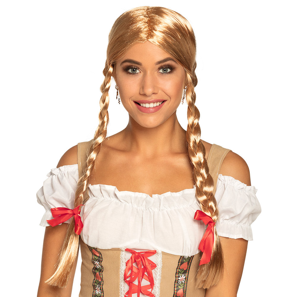 Oktoberfest Pruik Dames Blond met Vlechten & Strikken – Tiroler Pruik – Dirndl Accessoire Volwassenen