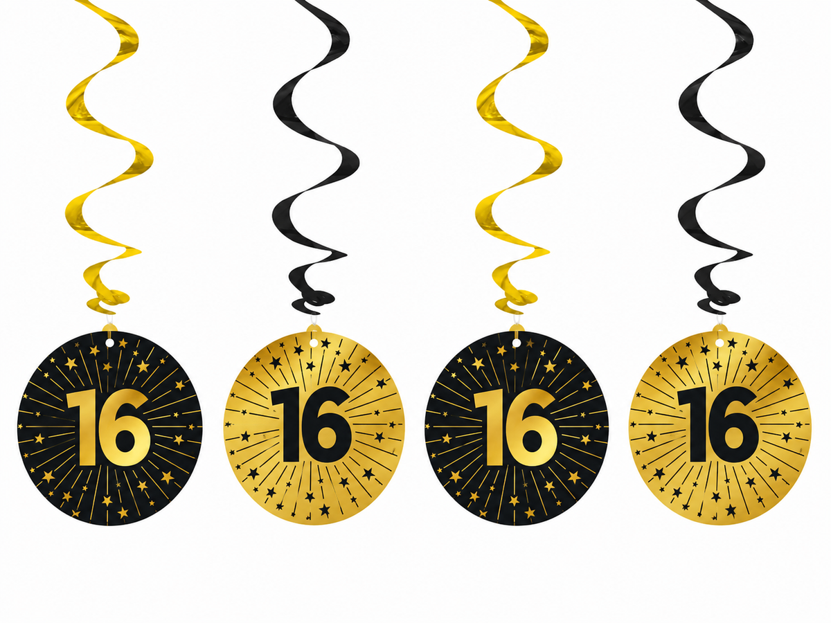 Hangdecoratie 16 Jaar zwart goud 4st