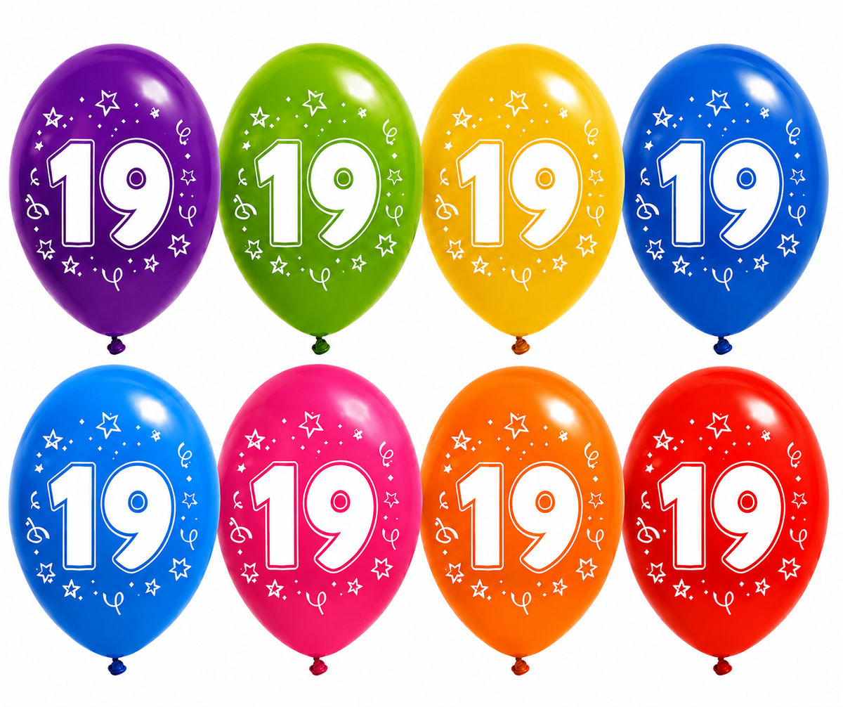 Gekleurde Ballonnen 19 Jaar 30cm 8st