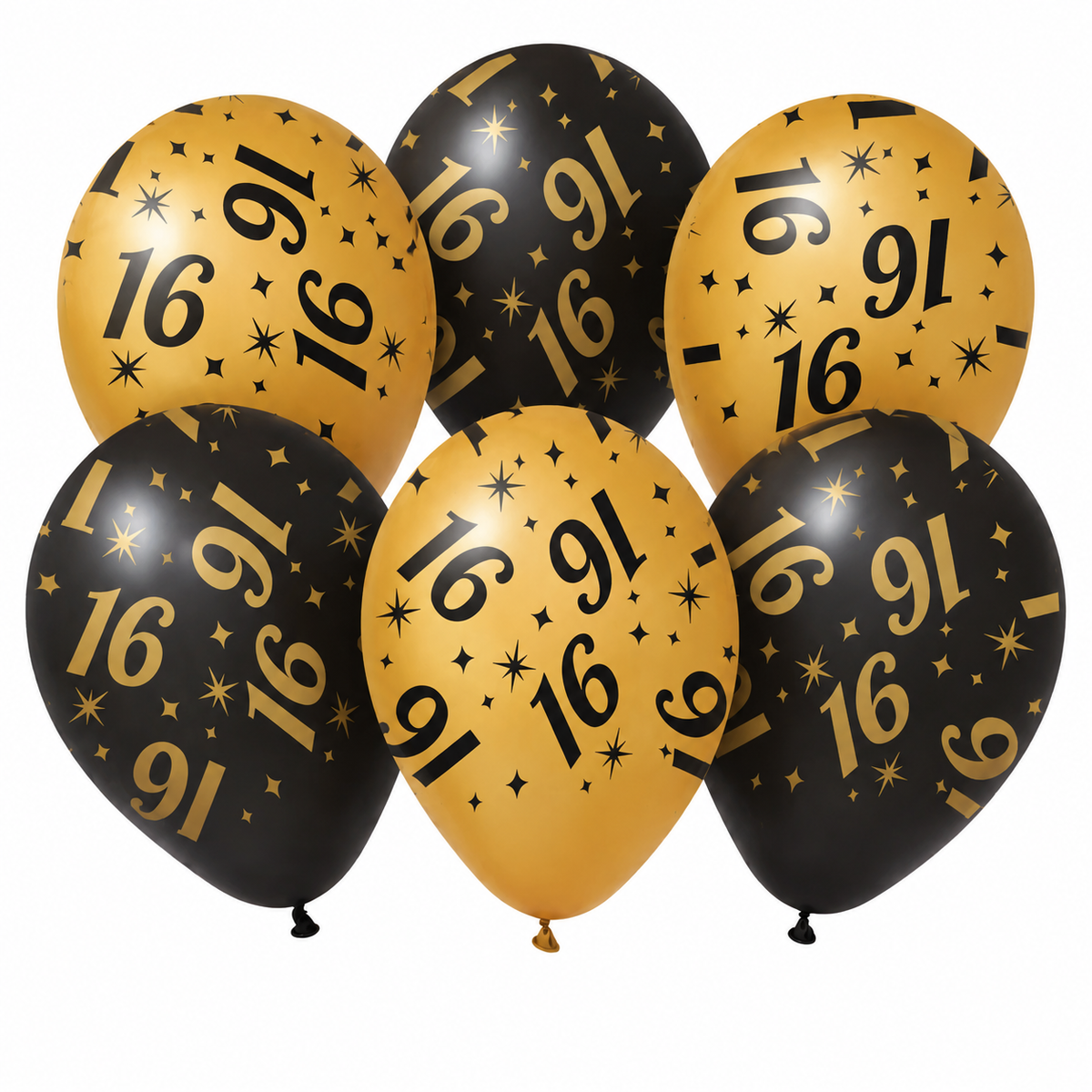 Ballonnen 16 jaar Zwart Goud 30cm 6st