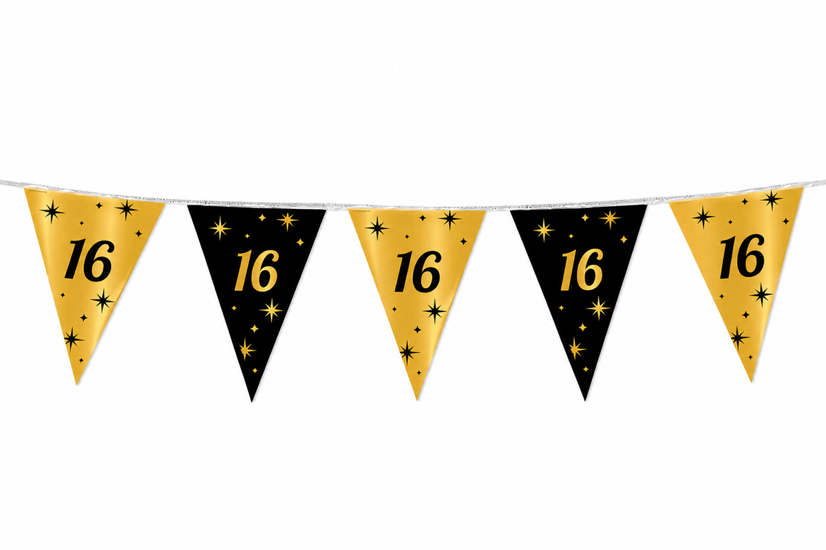 Vlaggenlijn 16 Jaar Zwart Goud 10 Meter - Classy Party Verjaardagsslinger Binnen & Buiten