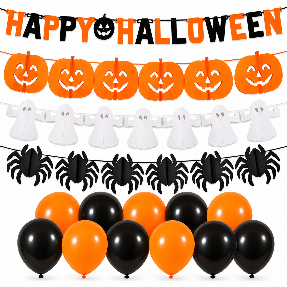 Halloween Decoratieset met 4 Slingers & 10 Ballonnen – Happy Halloween Versiering – Complete Halloween Party Decoratie