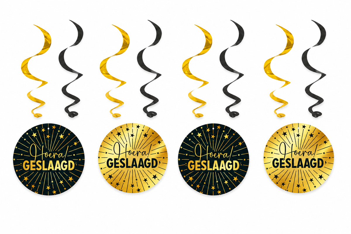 Hoera Geslaagd Hangdecoratie Zwart Goud 4st