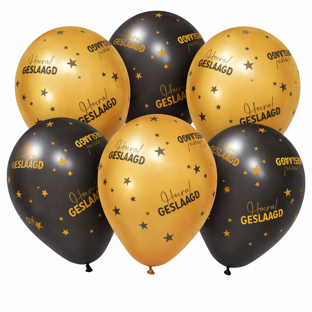 Ballonnen Hoera Geslaagd Zwart Goud 30cm 6st