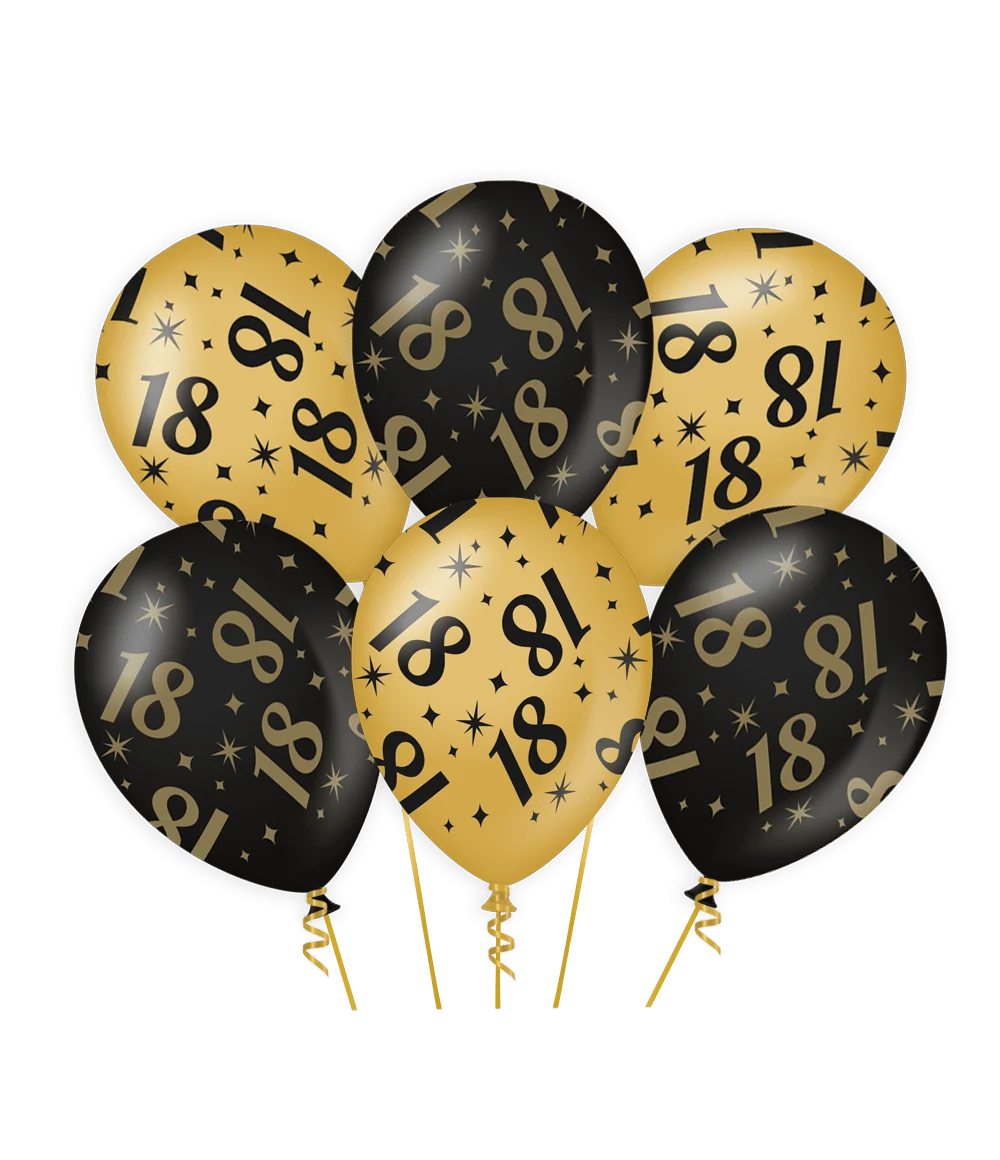 18 Jaar Ballonnen Zwart Goud 6 Stuks 30 cm