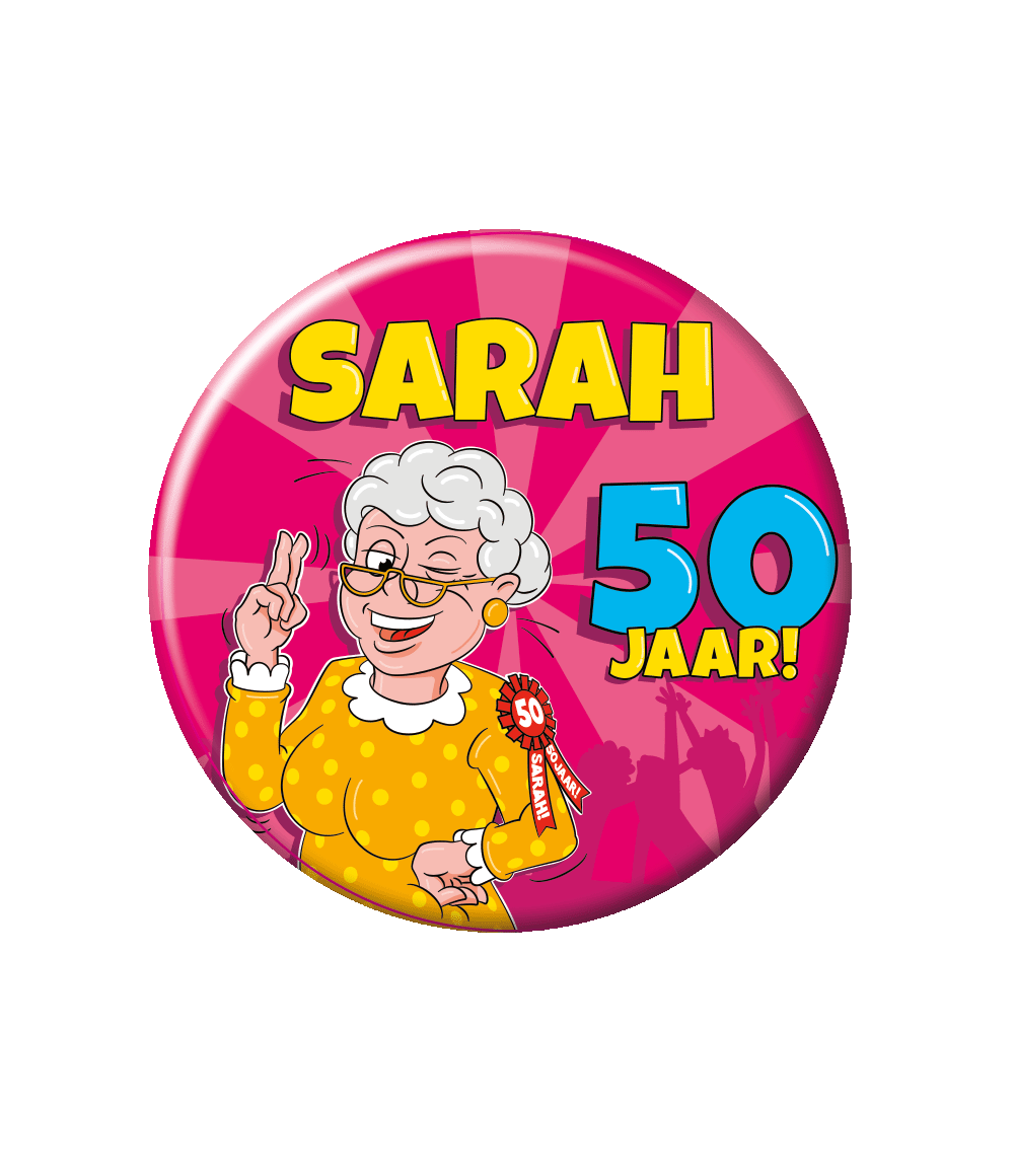 Button Sarah 50 Jaar Roze Cartoon 5,5cm