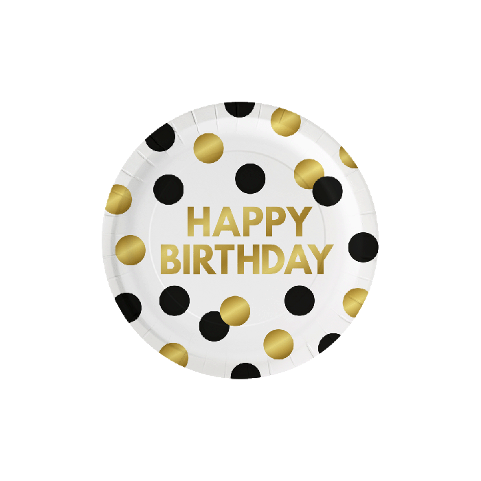 Bordjes Happy Birthday Zwart Goud 23cm 8st