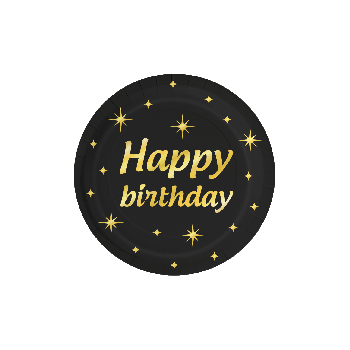 Bordjes Happy Birthday Zwart Goud Sterren 8st