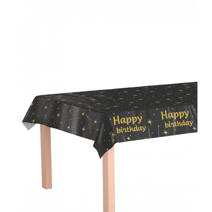 Tafelkleed Happy Birthday Zwart Goud 137x214cm