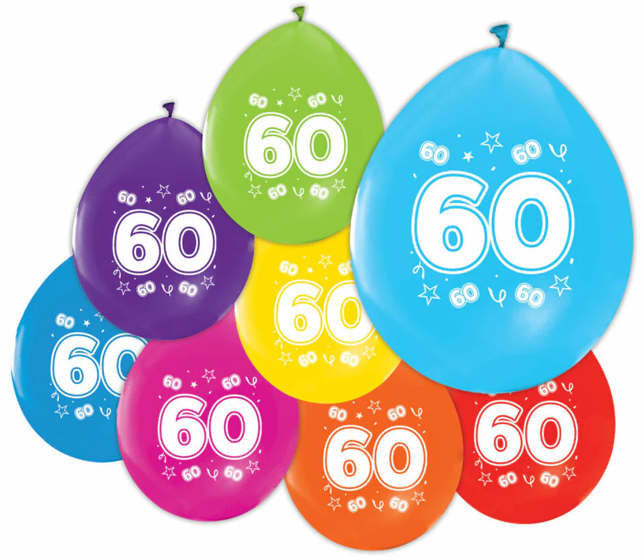 Gekleurde Ballonnen 60 Jaar 30cm 8st