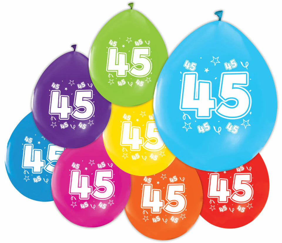 Gekleurde Ballonnen 45 Jaar 30cm 8st