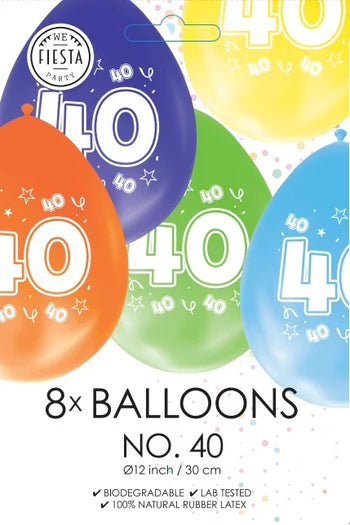 Gekleurde Ballonnen 40 Jaar 30cm 8st