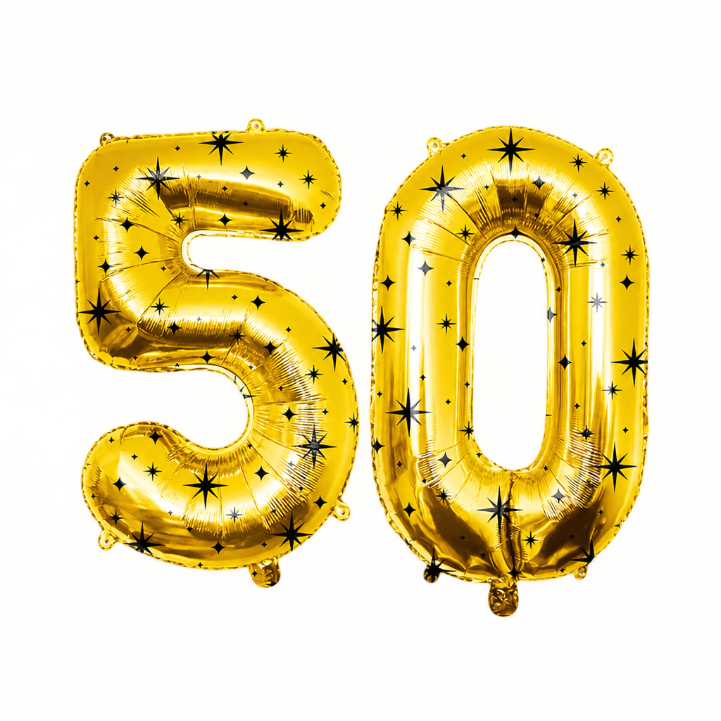 Cijferballonnen 50 Jaar XL – Goud met Zwarte Sterren – 86 cm – Folieballonnen