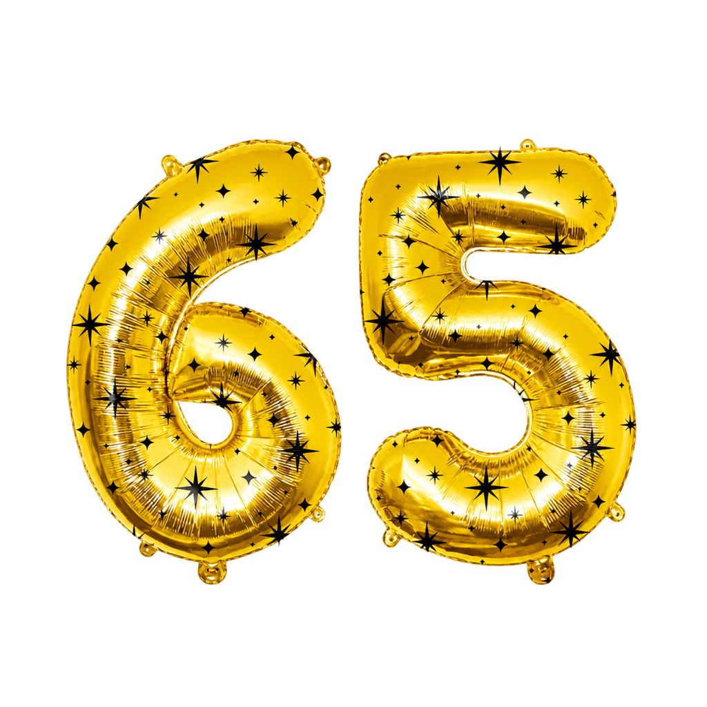Cijferballonnen 65 Jaar XL – Goud met Zwarte Sterren – 86 cm – Folieballonnen