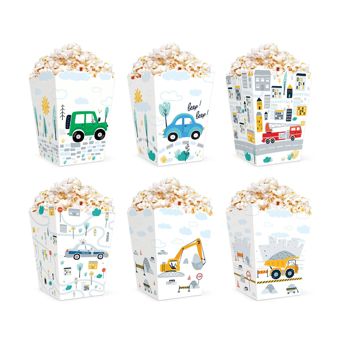 Auto Popcornbakjes met Voertuigen – 6 Designs – 8,5 x 12,5 cm – 6 Stuks