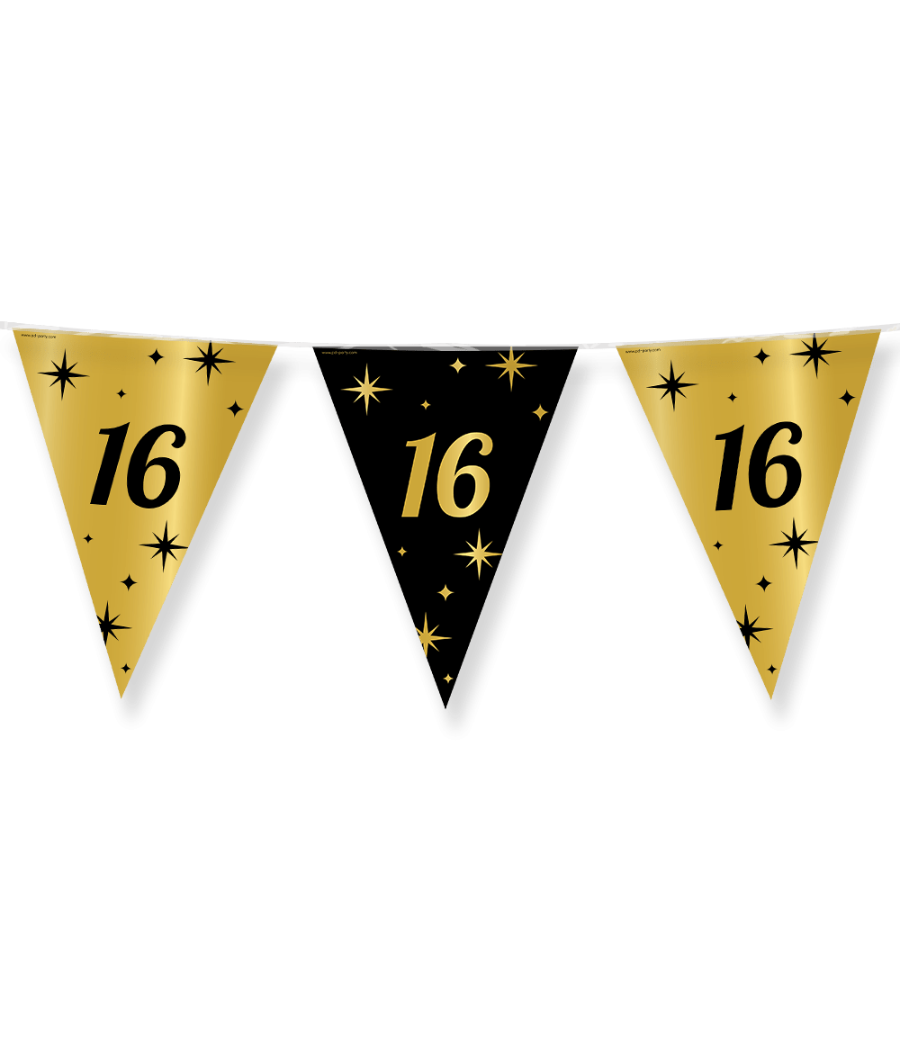 Vlaggenlijn 16 Jaar Zwart Goud 10 Meter - Classy Party Verjaardagsslinger Binnen & Buiten