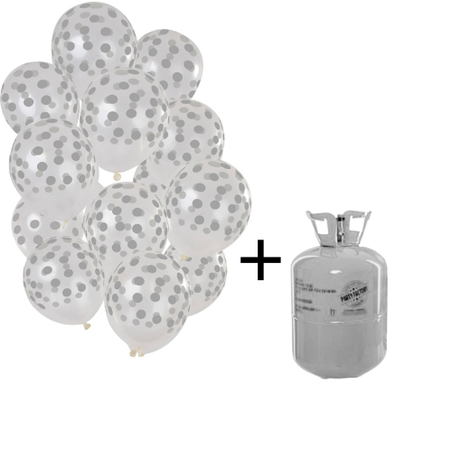 Heliumtank + Ballonnen set transparant/zilveren stippen - 15stk afbeelding