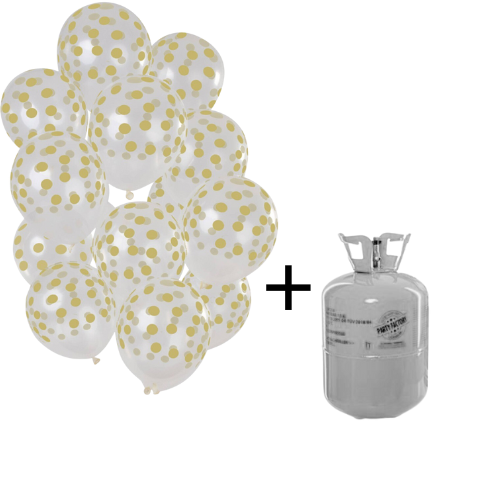 Helium tank + Ballonnen set transparant/gouden stippen - 15stk afbeelding
