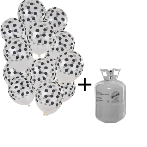 Helium tank + Ballonnen set transparant/zwarte stippen - 15stk afbeelding