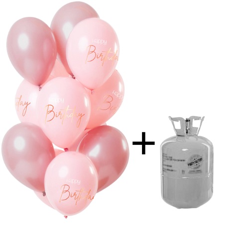 Helium Tank + Ballonnen set Elegant Lush Blush Happy Birthday - 12stk afbeelding