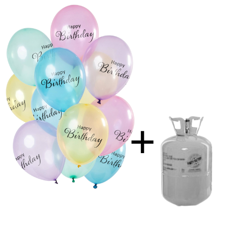 Helium Tank met Transparante Happy Birthday Ballonnen - 12stk afbeelding